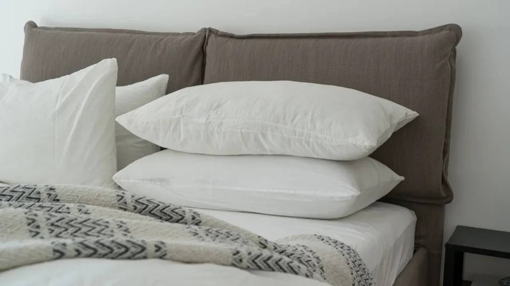 almohadas de plumas blancas y mullidas sobre una cama