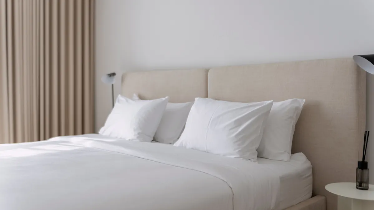 cama con varias almohadas blancas en un dormitorio de tonos neutros